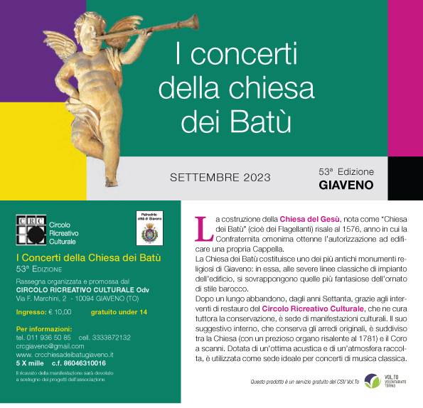 I concerti della chiesa dei Batù – SETTEMBRE-OTTOBRE 2023 – 53a Edizione GIAVENO
