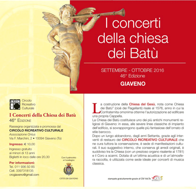 I concerti della chiesa dei Batù - SETTEMBRE - OTTOBRE 2016 46ª Edizione GIAVENO