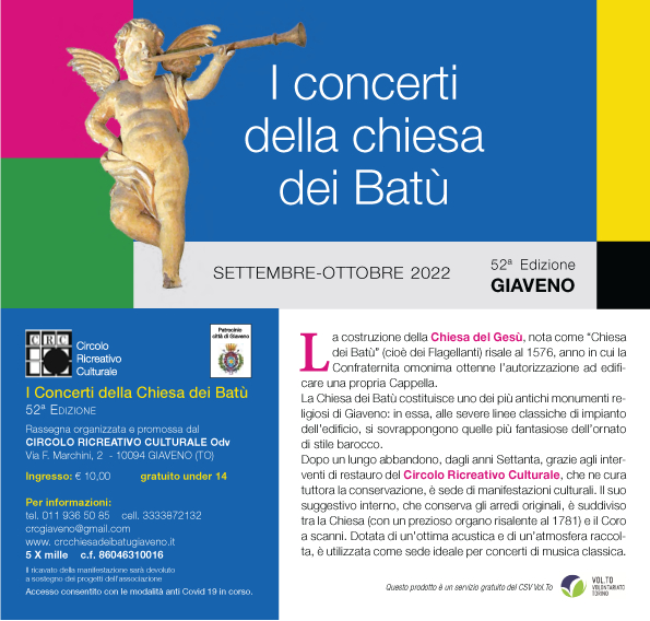I concerti della chiesa dei Batù – SETTEMBRE-OTTOBRE 2022 – 52a Edizione GIAVENO