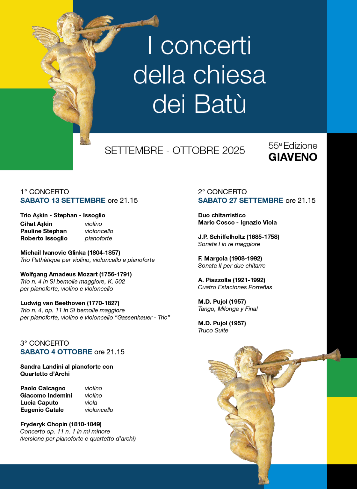 Concerti chiesa dei Batu 2025 Giaveno locandina pieghevole con dettaglio appuntamenti